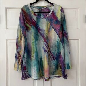 Soft Surroundings Size Large Tunic Top Blue Brushstroke Graphic Watercolor Shirt